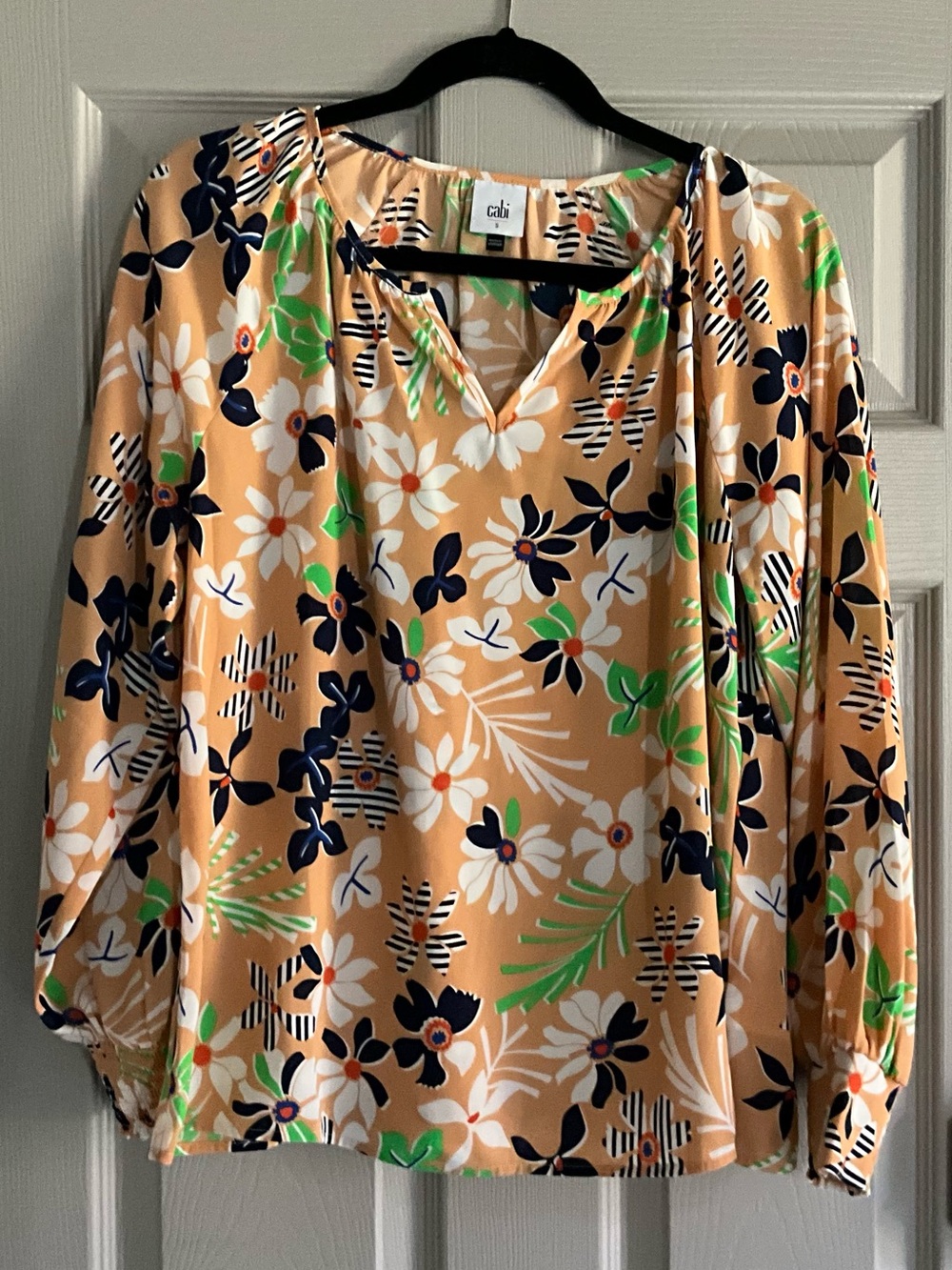 CAbi Peach Floral Tunic Top in Peach, Navy, White & Green